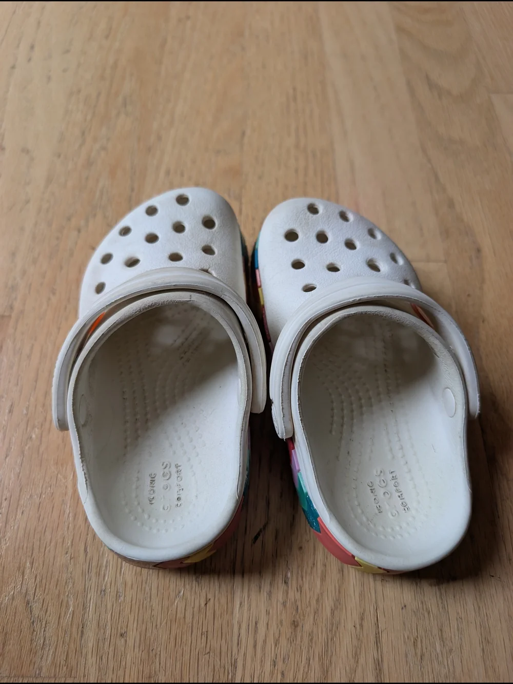 CROCS Kids White Clogs with Rainbow Chevron Platform